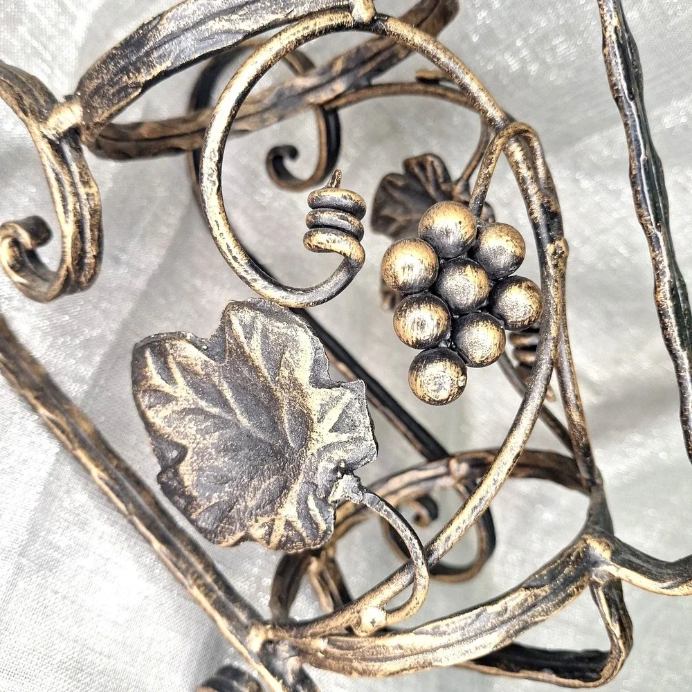 Wrought Iron Wine Bottle Holder Server Black Gilded Grapes Vines Antiqued Finish